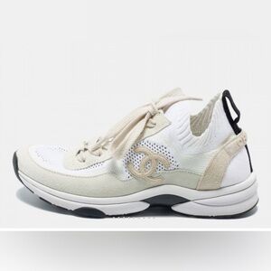 CHANEL White and Beige Logo Sneakers Size 36.5